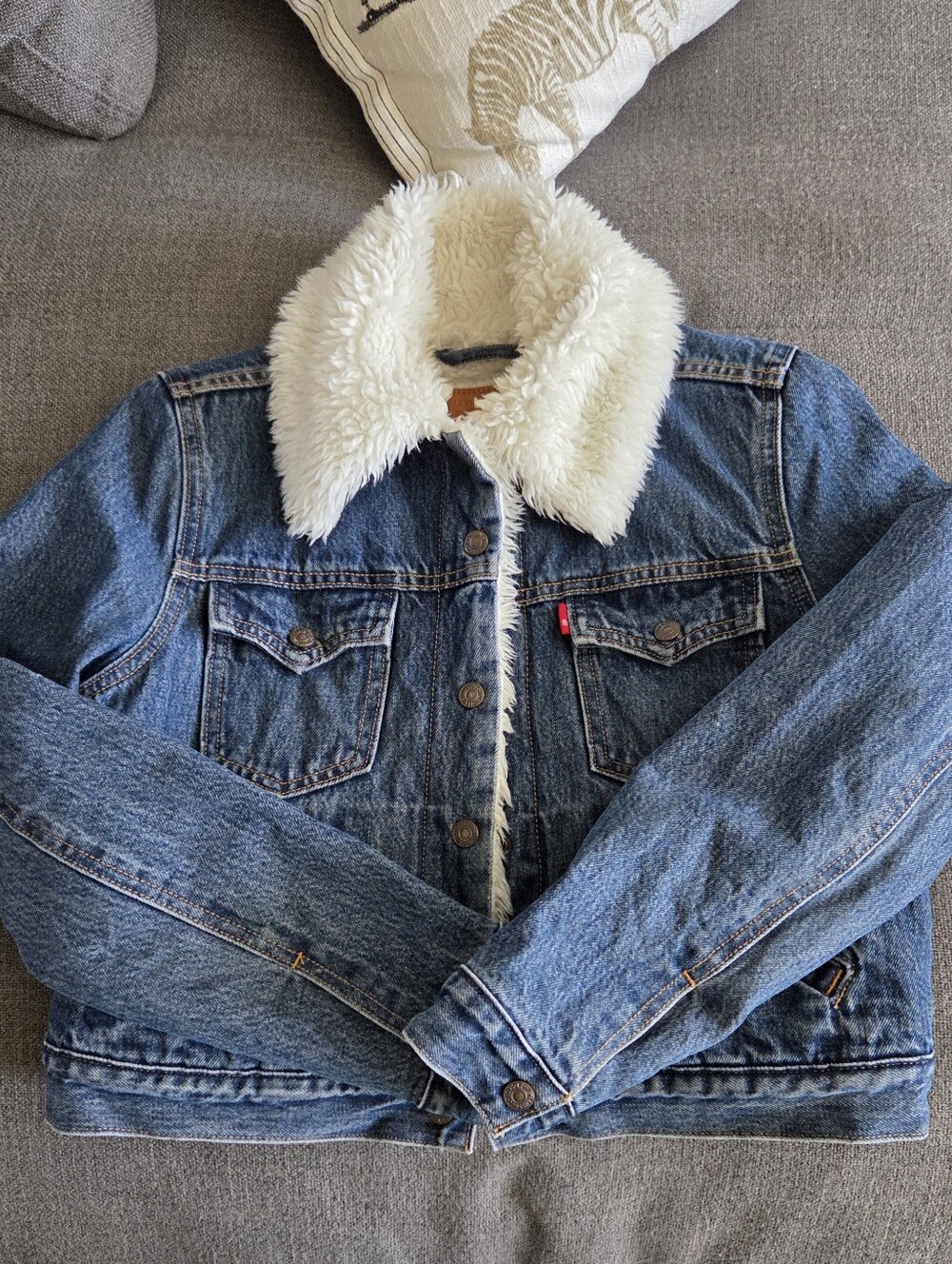 Levi's Blue Denim Bomber Jacket with White Sherpa Collar